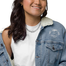Load image into Gallery viewer, Unisex Denim Embroidered Sherpa Jacket-"Here for the Music"
