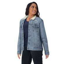 Load image into Gallery viewer, Unisex Denim Embroidered Sherpa Jacket-&quot;Here for the Music&quot;
