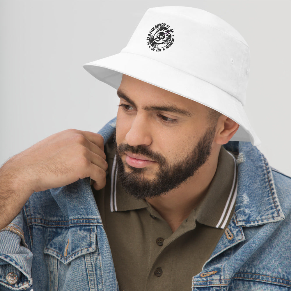 White Bucket Hat with Black embroidered logo